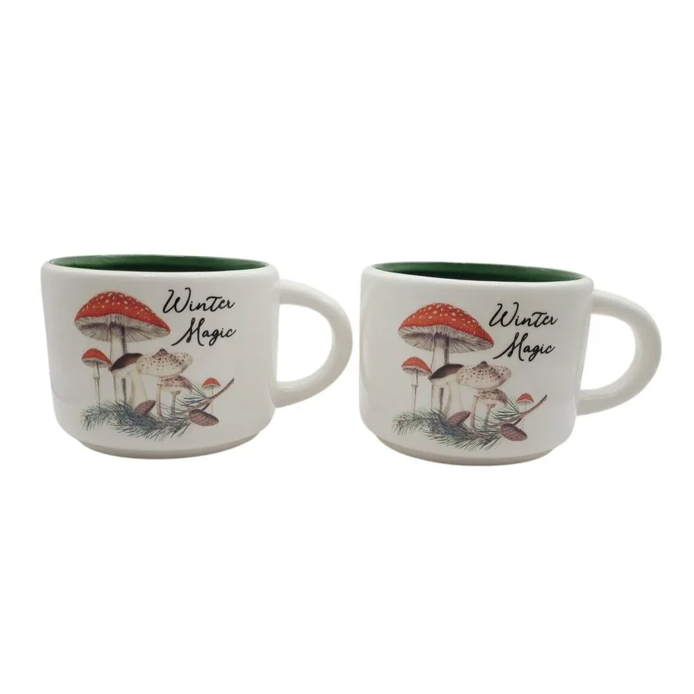 Mushroom Coffee Cups Set Of 2 Ceramic "Winter Magic" Cottage Core Green Interior - Picture 1 of 10